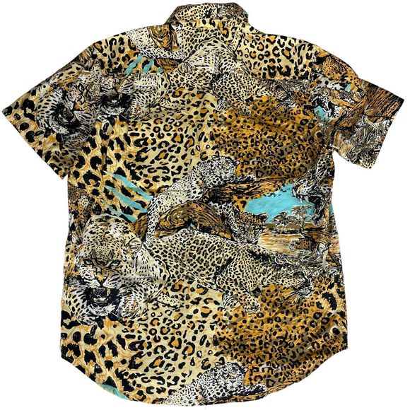 Stussy Shirt Men Small Short Sleeve Button Leopard Animal Print - Picture 2 of 16